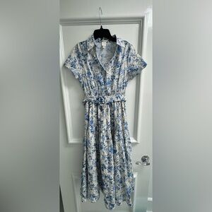 JOIE Blue & Off White
Embroidered Floral Print Belted A-Line
Midi Dress - S
